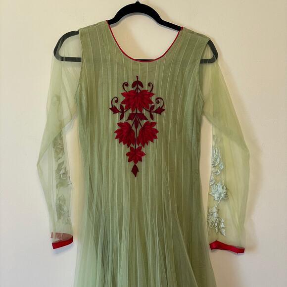Churidar M long sleeve Indian maxi dress chiffon floral embroidered green sheer - Picture 5 of 6